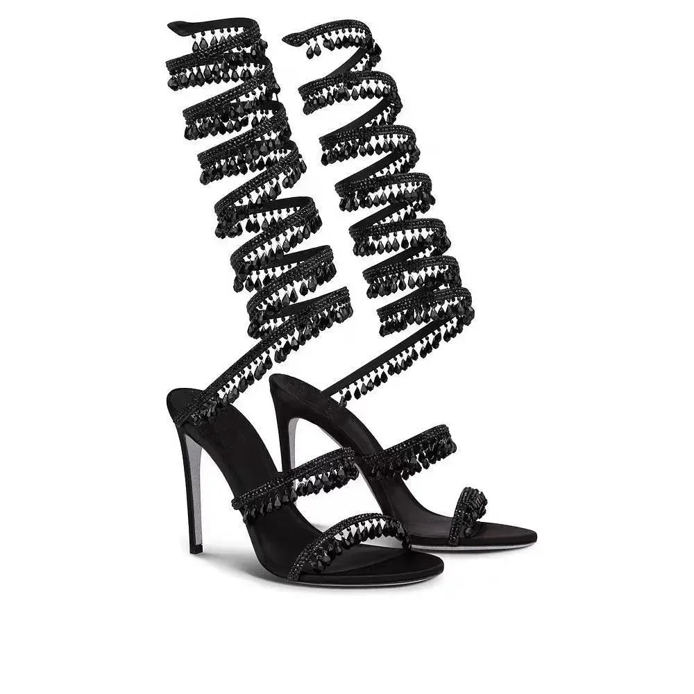 2026Women's New Water Diamond Sandals Fashion Tassel Crystal Shoes Sexy Banquet Party Twin Stiletto Women's Large Sandals