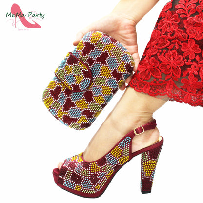 2024 Special Design Wine Color High Quality Square Heels Sandal Italian New Shoes and Bag Set for Wedding