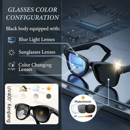 AI Smart Glasses 800W Anti Shake Camera Video Recording Languages Translation Sunglasses For Man Woman Bluetooth Call Music Play