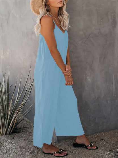 Strap jumpsuit for women's summer new cross-border solid color inserted bag casual jumpsuit
