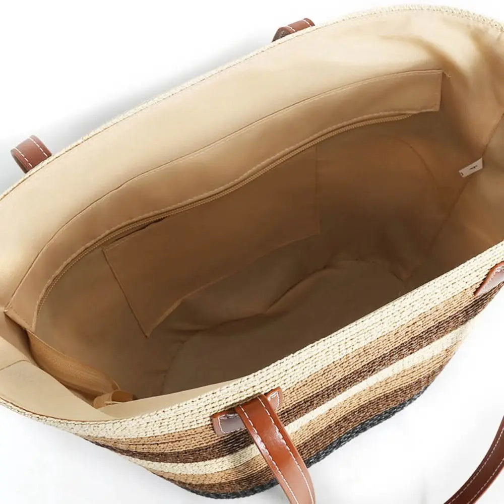 Fashion Straw Tote Bag Stripe Large Capacity Woven Shoulder Bag Square Zipper Woven Hat Vacation Top-Handle Bags