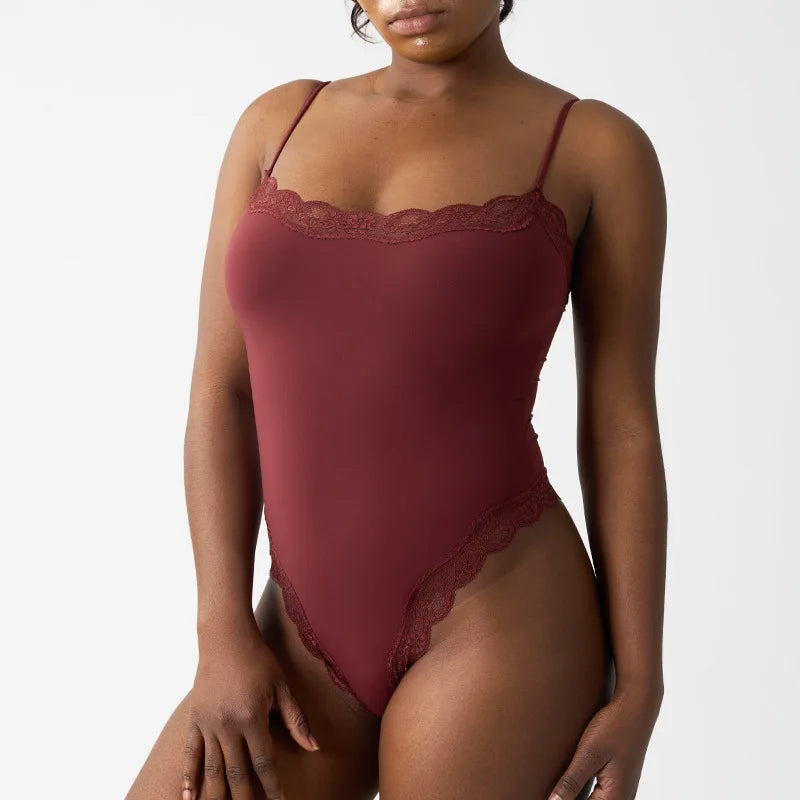 New Women's Sexy Square Neck Lace Panel Bodysuit Sleeveless Spaghetti Strap Jumpsuit Solid Color Slim Bodycon Rompers Tank Tops