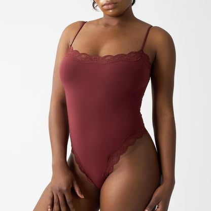 New Women's Sexy Square Neck Lace Panel Bodysuit Sleeveless Spaghetti Strap Jumpsuit Solid Color Slim Bodycon Rompers Tank Tops