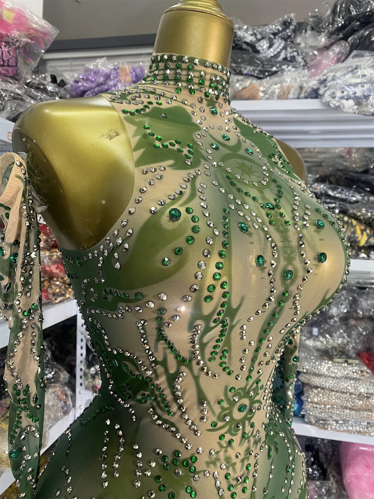 Sparkly Rhinestones Printed Mesh Bodycon Green Jumpsuits With Sleeves See Through Masquerade Costume Dress Night Club DJ Gogo