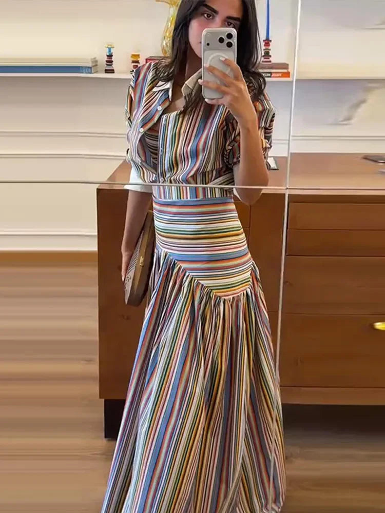 Elegant Colorful Stripe Shirt Skirt Set Women 2026 Puff Sleeve Lapel Shirts High Waist Long Skirts Autumn Lady All-matching Suit