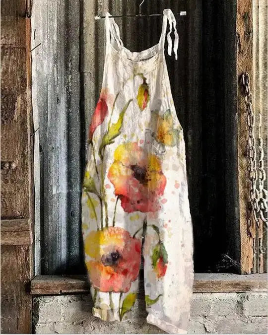 Vintage Style Jumpsuit Women Casual Floral Rompers Loose Boho Casual Jumpsuits Sleeveless Print Strappy Jumpsuit 2024 New