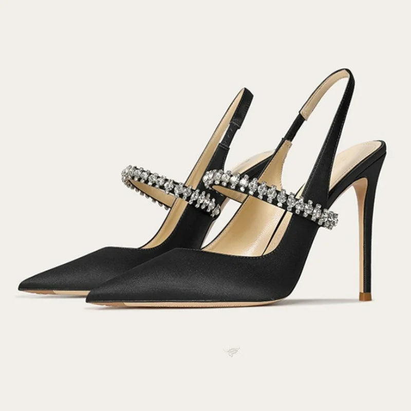 Luxury Rhinestone Pointed Toe Women Pumps Elegant Crystal Wedding Bridal Shoes Satin Silk Design Mules High Heels