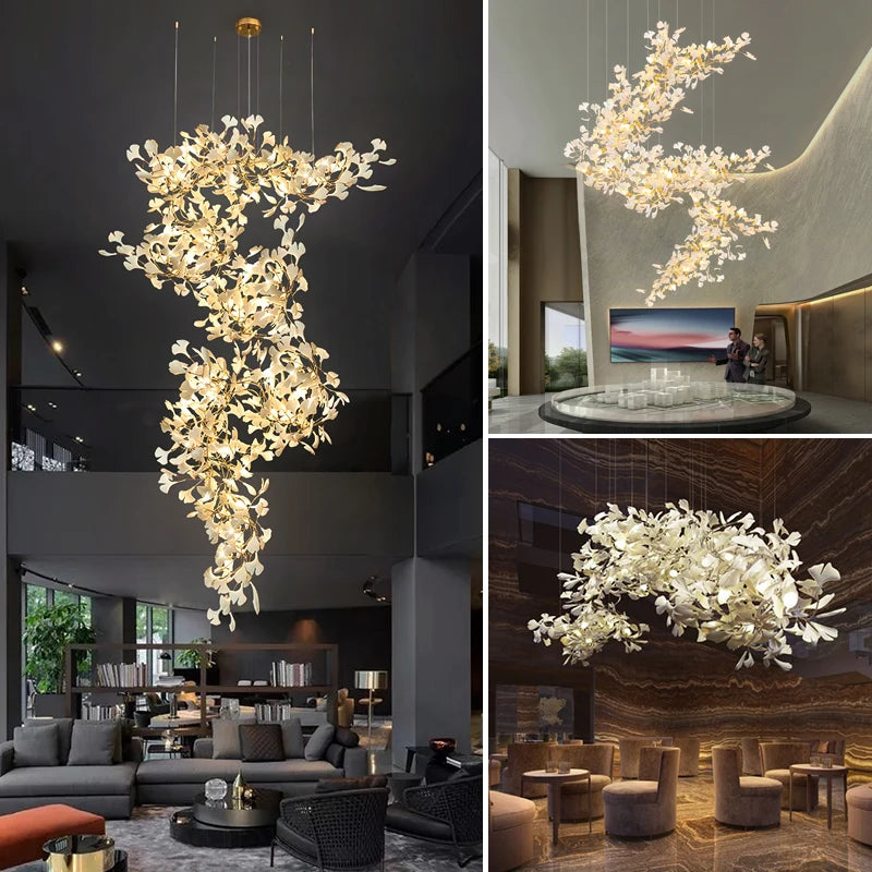 Staircase Ginko Leaf Chandelier Light For High Ceiling Staircase Loft Living Room Hotel Lobby Stairway Luxury Branch Chandeliers