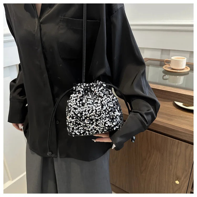 Shiny Sequin Drawstring Shoulder Bags for Women, Mini Crossbody Purse ,Sparkly Evening Handbag Suitable for Party Night Out