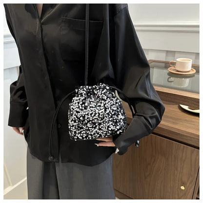 Shiny Sequin Drawstring Shoulder Bags for Women, Mini Crossbody Purse ,Sparkly Evening Handbag Suitable for Party Night Out