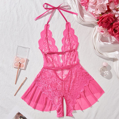 New Sexy Crotchless Rose Sexy Lingerie Women Lace Hollow Bodysuit Teddy Babydoll Dress Deep V Open Bra Porno Set Erotic Pajamas