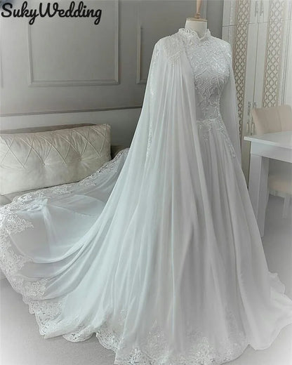 Muslim Arabic Wedding Dresses With Cape Lace Appliques Sequines High Neck Dubai Princess Bride Wedding Dress Customized