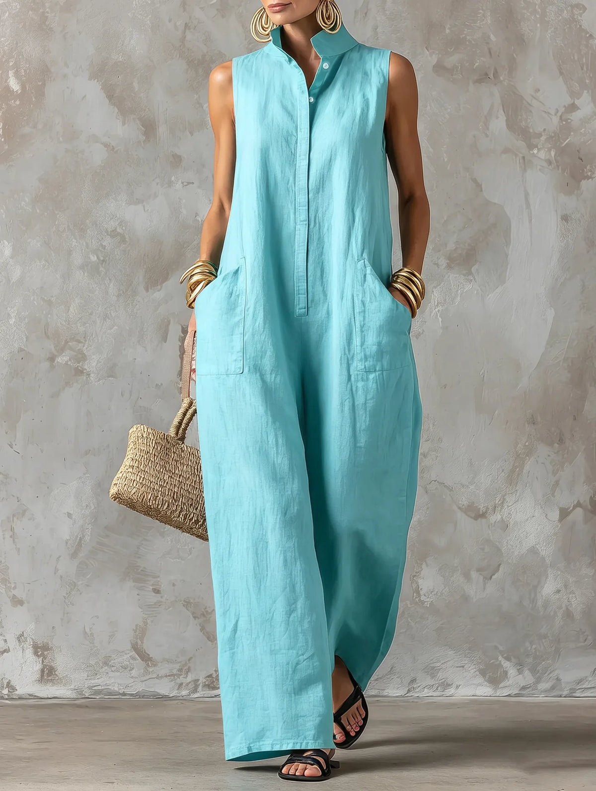 Women's Elegant Sleeveless Loose Jumpsuit New Stand Collar Button Romper Fashion Casual Summer Beach Vacation Boho Jumpsuits