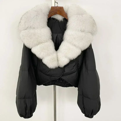 Winter Female White Duck Down Jacket Luxury Loose Short Fashion Casual Women Warm Real Fox Fur Coat Long Sleeve Puffer Jacket