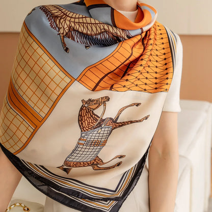 Luxury Horse Print Square Scarf Vintage Imitation Silk Shawl Scarf  Women Windproof Outdoor Head Wrap 110*110cm \[p'[;