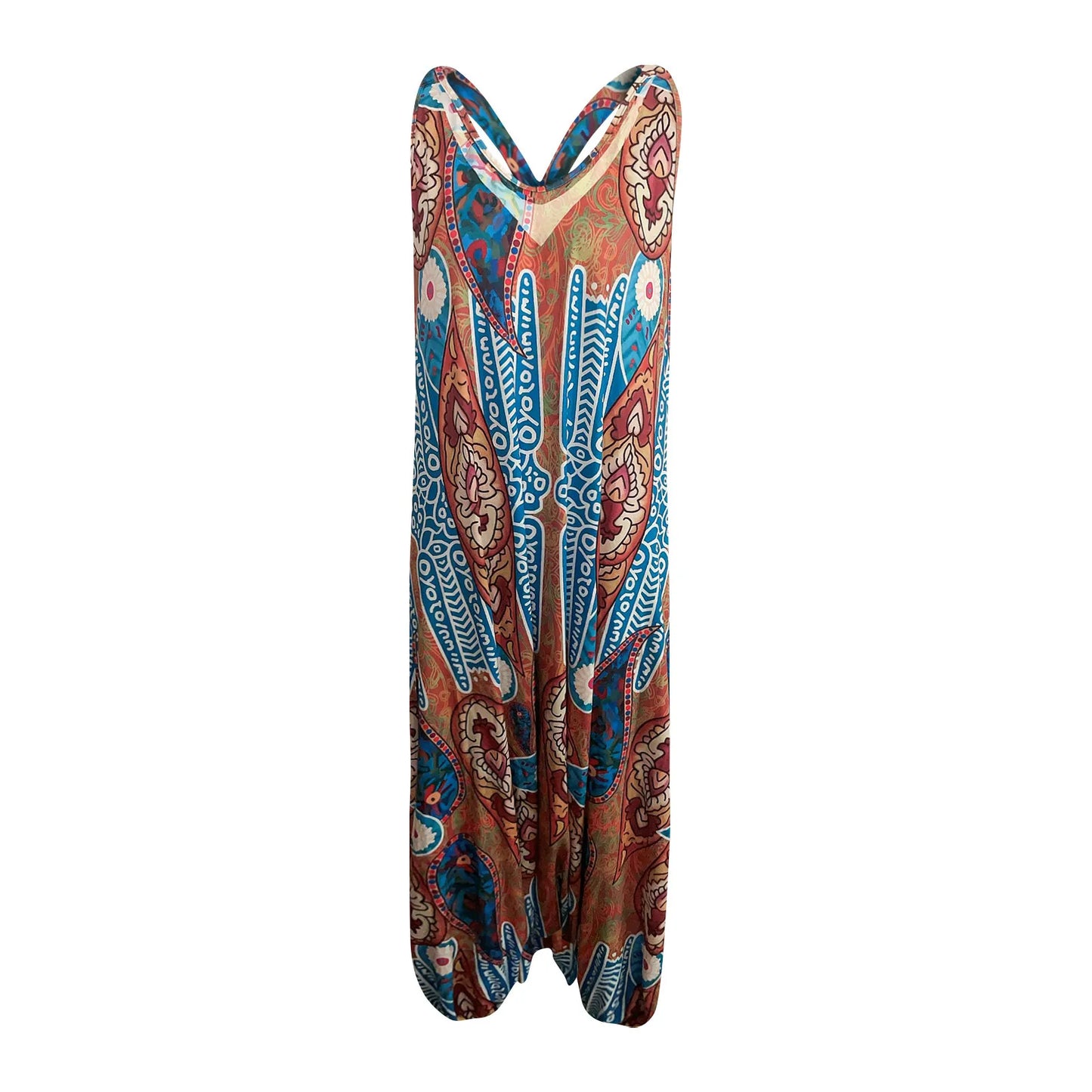 Wide Leg Bohemian Loose Overall Jumpsuit Ethnic Mandala Vintage Paisley Printing Women Rompers Backless Harem Bloomers Playsuit