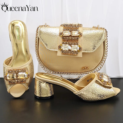 Hot Selling Fashion Mature  Brushed Style Rainbow Color Rhinestone Decoration Design Party Wedding Lady High Heels and Bag Set