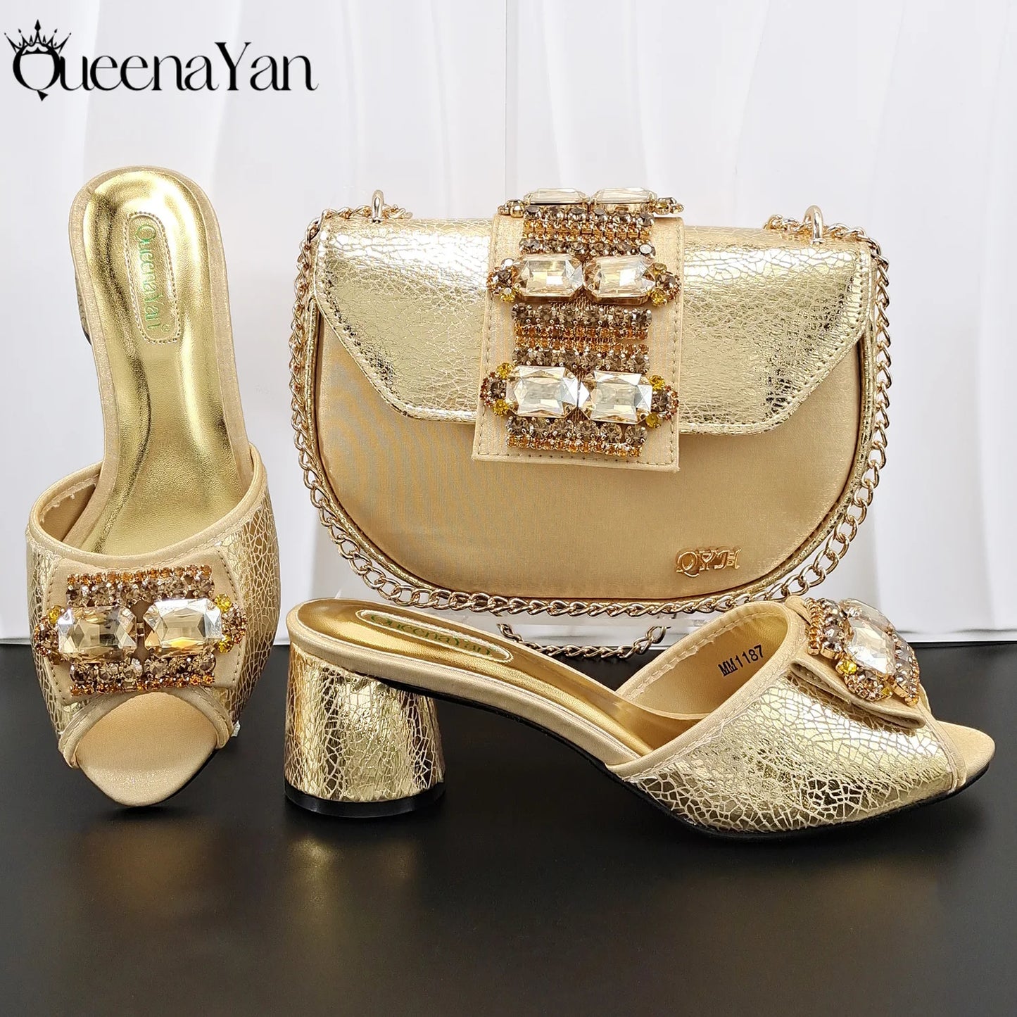 Hot Selling Fashion Mature  Brushed Style Rainbow Color Rhinestone Decoration Design Party Wedding Lady High Heels and Bag Set
