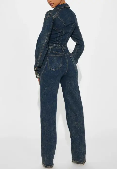 Jumpsuit Women 2026 New Spring Autumn Turn-Down Collar Long Sleeved Pocket Design High Waist Streetwear Casual Denim Jumpsuit