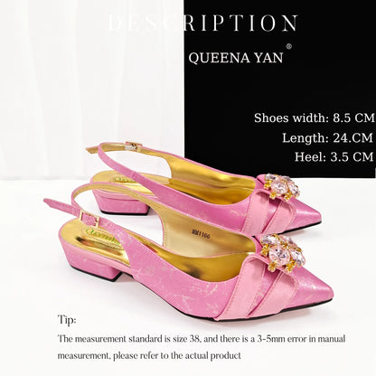 QueenaYan 2026 New Summer Collection Stylish Italian Women’s Shoes and Bag Set Gold Colour Comfortable Low Heels With Rhinestone