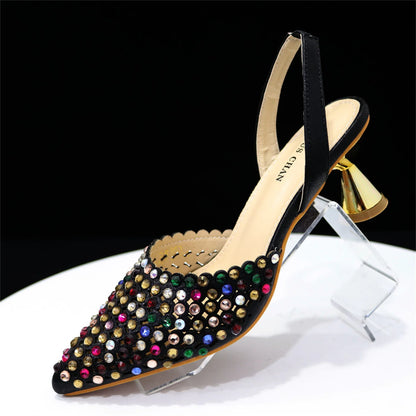Elegant Multicolor Rhinestone Slingback Heels & Bucket Bag Set Luxury Crystal Matching Kit for Wedding Party Evening Bridal Form