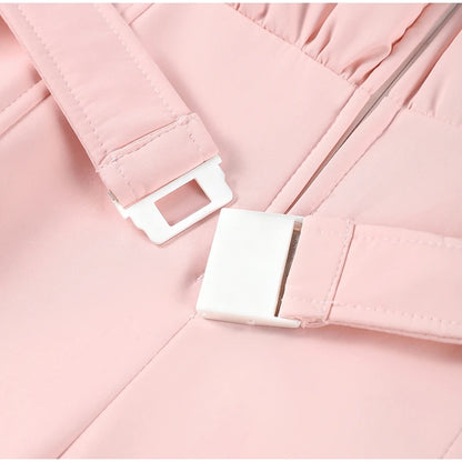 Fashion Pink Faux Fur Patchwork Hood Ski Jumpsuit Women Stand Collar Zipper Slim Pocket One Piece Suit 2026 Winter Lady Skiwears