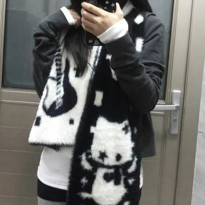 Y2K Guitar Cat Scarves for Women Winter Simulated Mink Fur Long Scarves Japanese Double-sided Knitted Long Luxury Mink Fur Wrap