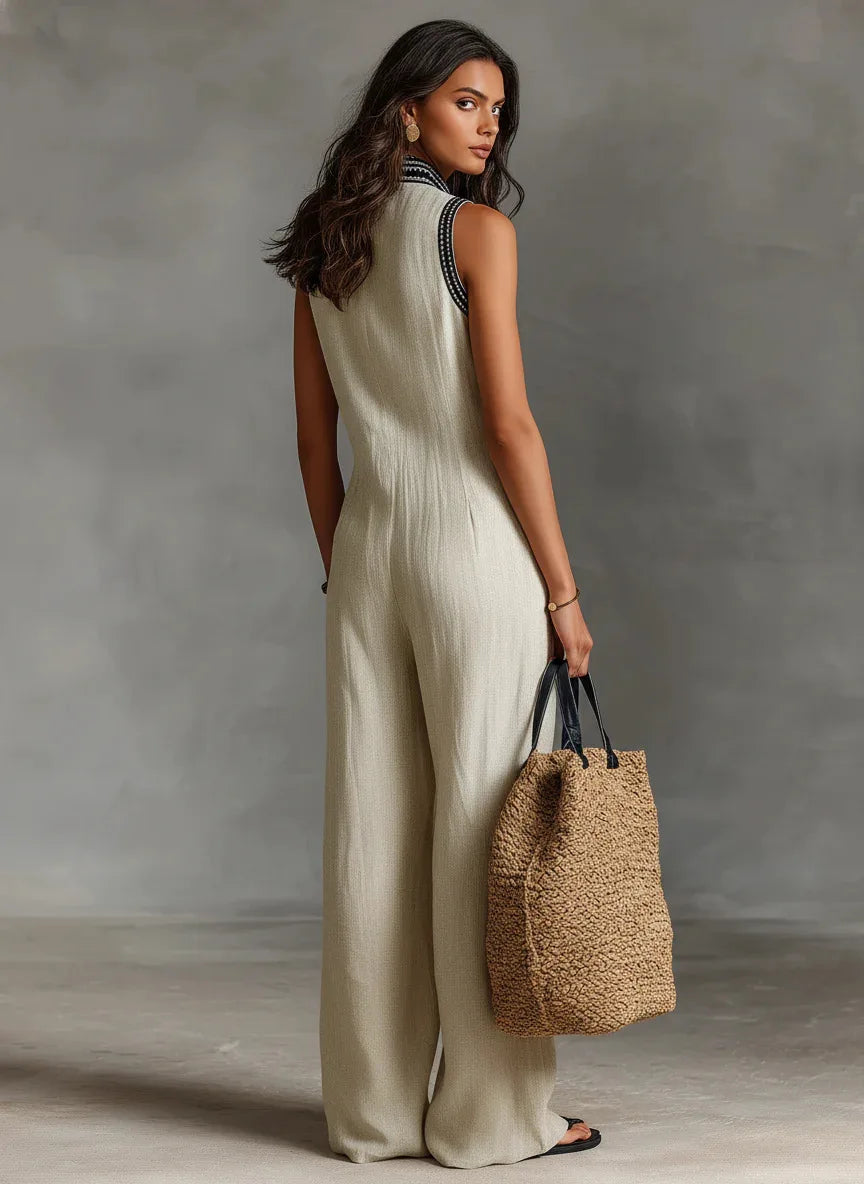 Sexy Deep V Neck Hollow Women's Jumpsuits Vintage Printed High Waist Slim Office Romper Spring Summer Sleeveless Pocket