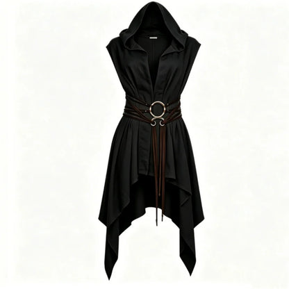Cosplay Costume Women Irregular Hem Renaissance Elf Tunic Robe Medieval Ranger Hooded Sleeveless Cloak Belt Witch Hunter Show