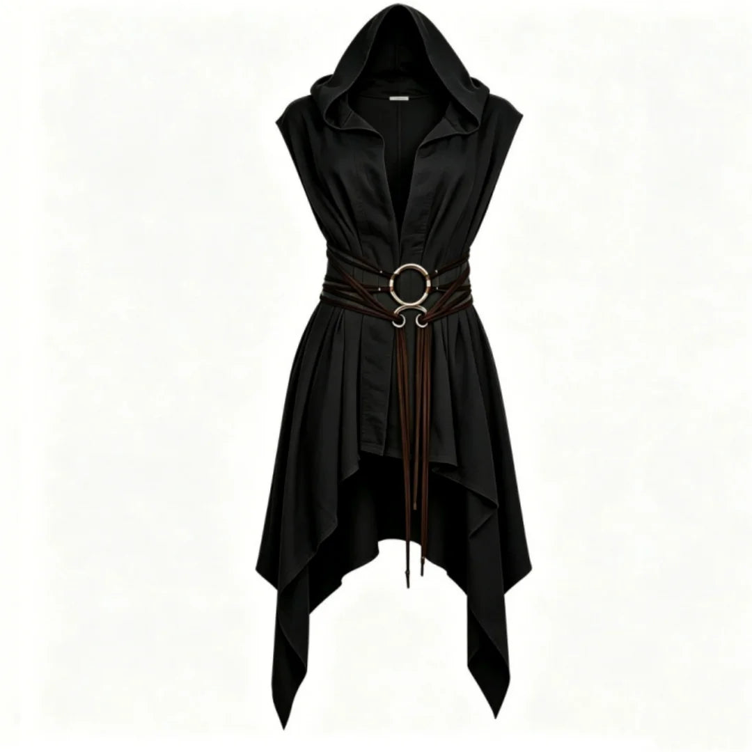 Cosplay Costume Women Irregular Hem Renaissance Elf Tunic Robe Medieval Ranger Hooded Sleeveless Cloak Belt Witch Hunter Show