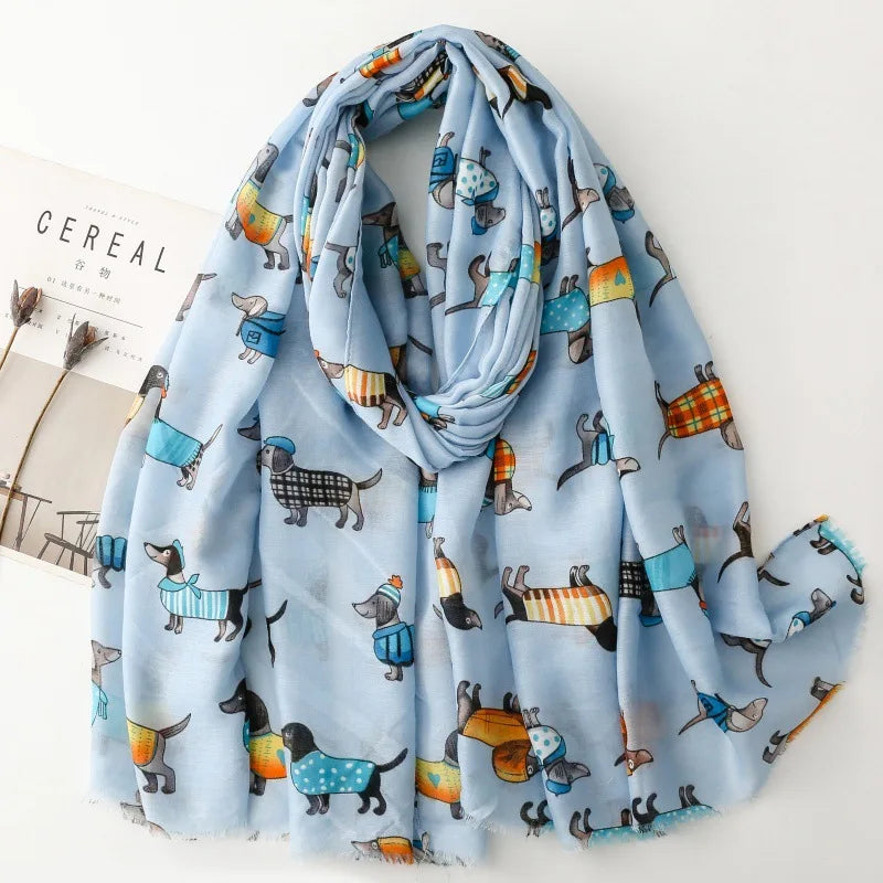 Cozy Dachshund Dog Cat Pattern Viscose Shawl for Women - 180x90Cm Fringe Detail Breathable Thin Wrap Scarves Autumn/Winter Snood