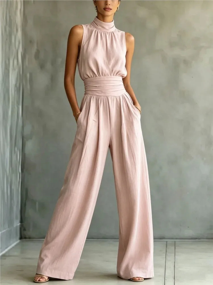 Summer New Fashion Half Turtle Collar Sleeveless Women's Jumpsuit 2026 Elegant Slim Waist Shaping Wide Leg Female Rompers