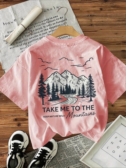 100% Cotton Women's T-Shirt Mountain Landscape Graphic Tee with "Take Me To The Wild" Slogan Casual Everyday Shirt Woman Girls