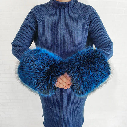 Large Women Faux Fox Fur Scarf Winter Jackets Warm Fluffy Shawl Fashion Artificial Fur Collar And Cuff Set Fluffy Scarves Female