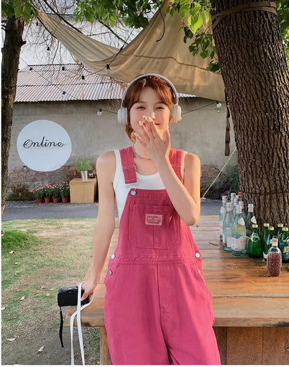 Vintage Pink Denim Overalls Adjustable Strap Wide Leg Jumpsuit Y2K Cute Campus Casual Pants