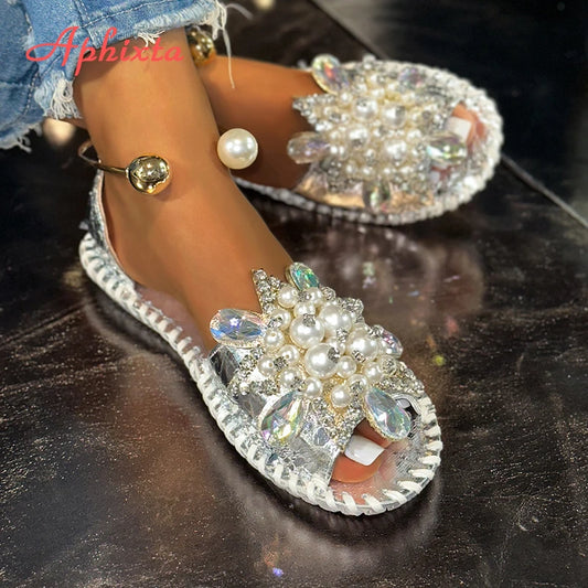 Aphixta New Gold Crystal Flower Flat With Sandals Women Summer Round Toe Shoes Outdoor Soft Sole Bling Slides Big Size 43