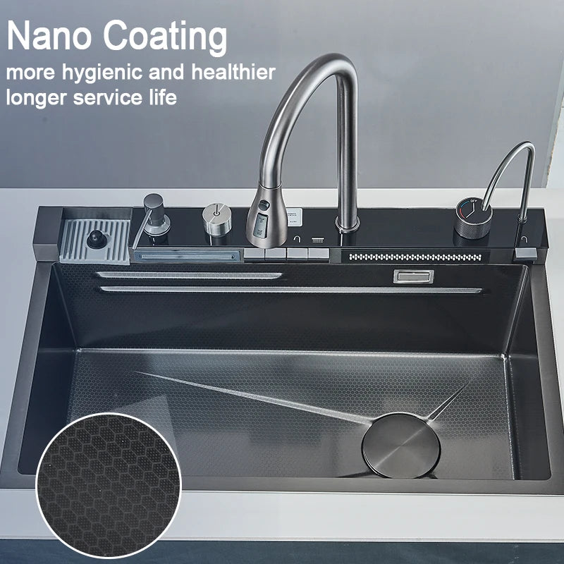 Stainless Steel Kitchen Sink with Faucet Digital Display Large Single Bowl Waterfall Rain 5 Functions System Dish Basin Sink
