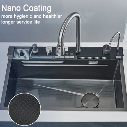Stainless Steel Kitchen Sink with Faucet Digital Display Large Single Bowl Waterfall Rain 5 Functions System Dish Basin Sink
