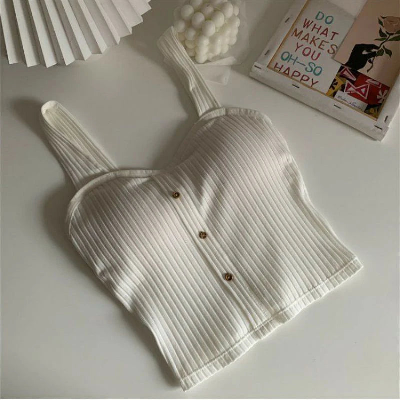 Women's Y2K Cropped Tops with Bra Pads Summer Corset Korean Suspenders Vest Sexy Camisole Slim Solid Casual Fake Buckle Tops