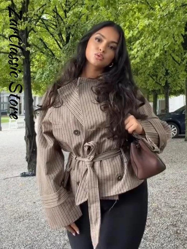 Vintage Plaid Women's Cropped Trench Coat Autumn Lapel Tie Waist Full Sleeve Windbreaker New Chic Casual Elegant Jacket 2026