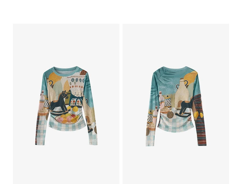TOYOUTH Women's Sheer Second Skin Base Layer Top 2026 Fall Slim Fit Mongolian Print Nomadic Style