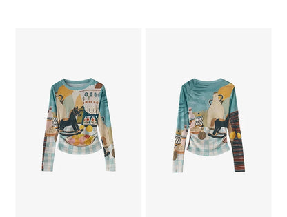TOYOUTH Women's Sheer Second Skin Base Layer Top 2026 Fall Slim Fit Mongolian Print Nomadic Style