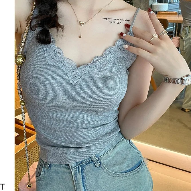 Women Sexy Padded Camisole Lace Back Seamless Tank Top V Neck Spaghetti Strap Vest Breathable Casual Base Layer Underwear