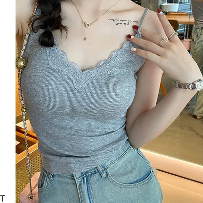 Women Sexy Padded Camisole Lace Back Seamless Tank Top V Neck Spaghetti Strap Vest Breathable Casual Base Layer Underwear