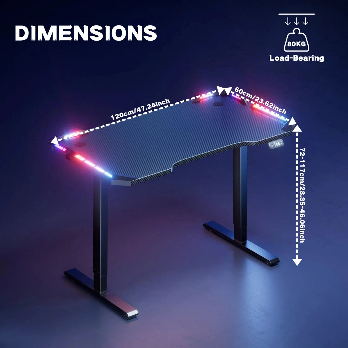 NEBMAAX Electric Height Adjustable Gaming Desk With RGB LED Strip Lights, Built-In Cup Holder Headset Hook Ergonomic Computer Game Table with Carbon Fiber Surface, 2 Memory Positions and 3 Sizes
