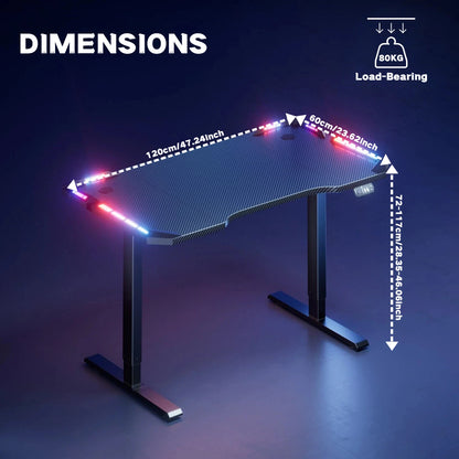 NEBMAAX Electric Height Adjustable Gaming Desk With RGB LED Strip Lights, Built-In Cup Holder Headset Hook Ergonomic Computer Game Table with Carbon Fiber Surface, 2 Memory Positions and 3 Sizes