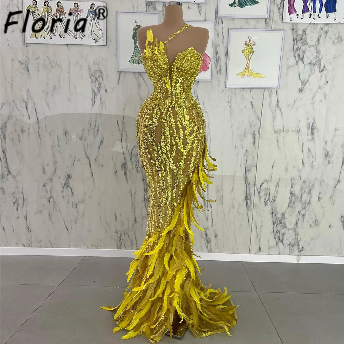 Exquisite Gold Feathers Mermaid Prom Gown Glitter Bead Pearls Sexy Evening Dresses Cocktail Dress Customized Robe De Mariée 2025