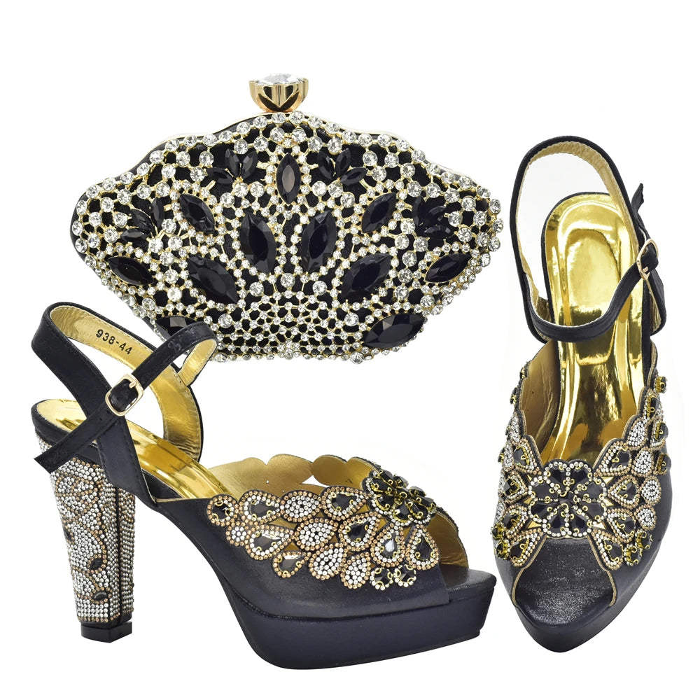 Fashion Italian Shoe and Bag Set for Party In Women Afrcan Party Shoes with Bag Set with Rhinetsone Luxury Shoes Women Designers
