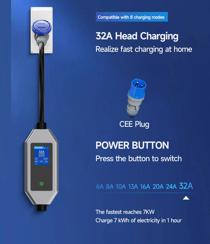 Portable EV Charger 7KW Fast Charging Cable Type2 IEC62196-2 32A with CEE Plug Type1 J1772 WiFi APP Bluetooth Remote Control