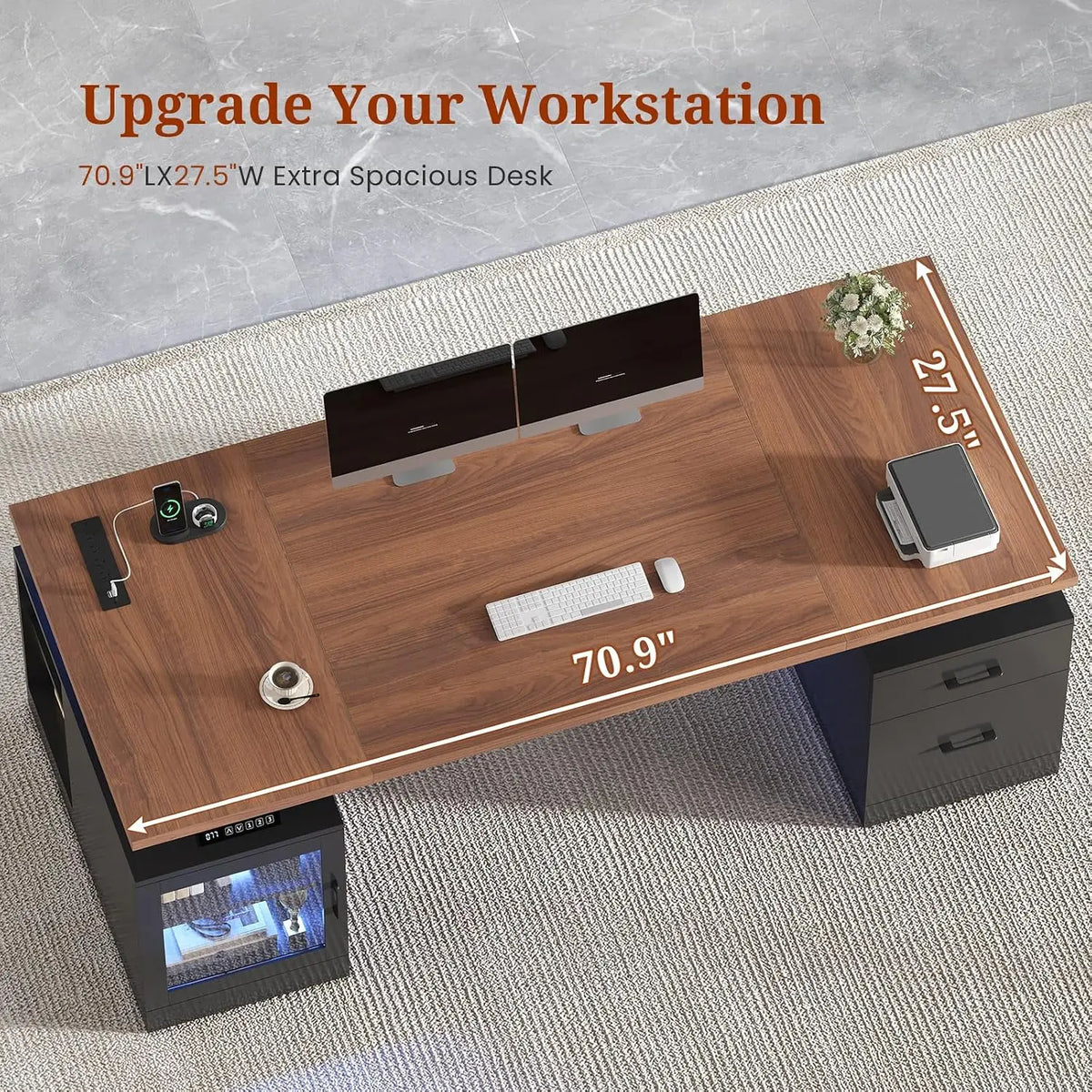 71 in Executive Standing Desk, Electric Height Adjustable Desk with Storage Drawers, Glass Cabinet, Shelves, Power, Customized